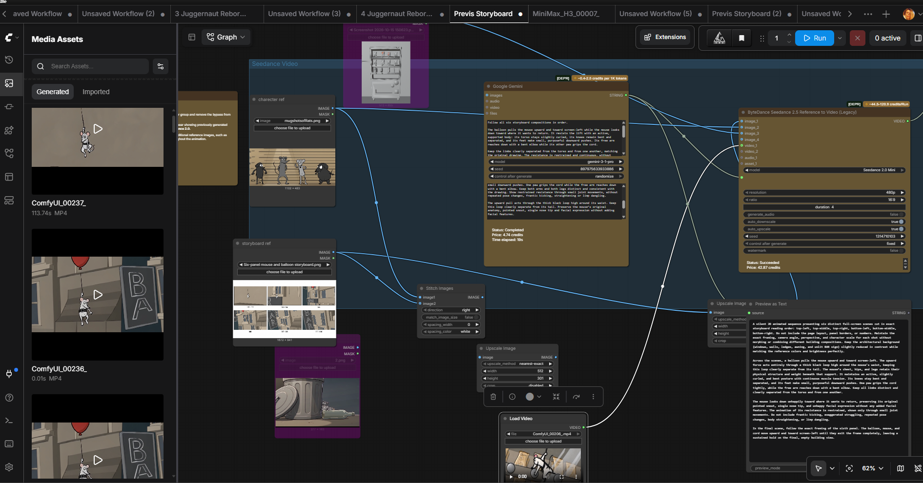 ComfyUI graph — Previs Storyboard workflow with reference, prompt and Seedance nodes
