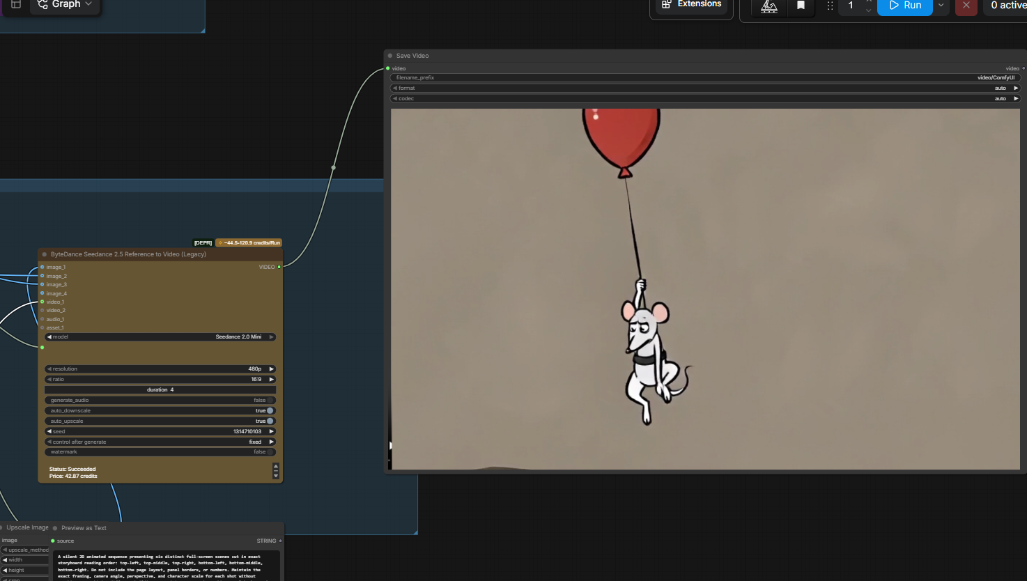 Seedance node and its saved output — the mouse hanging from the red balloon